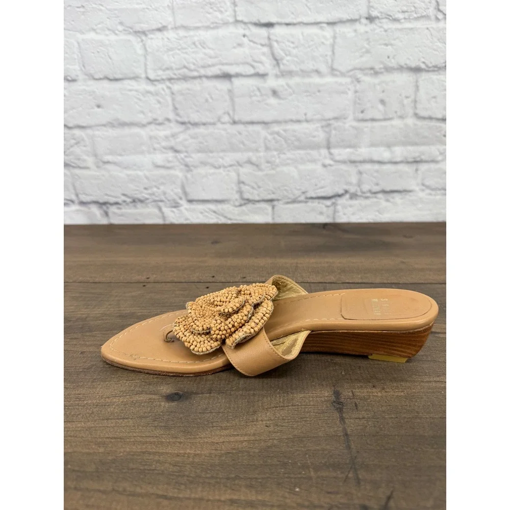 Stuart Weitzman Beaded Flower Thong Wedge Sandals Tan Leather Size 6M